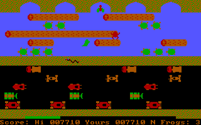 Frogger IBM PC/Compatibles Screenshot: On the third level snakes and monsters appear!