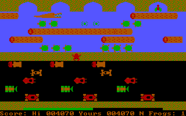 Frogger IBM PC/Compatibles Screenshot: Don't get eaten by crodiles when crossing the river...