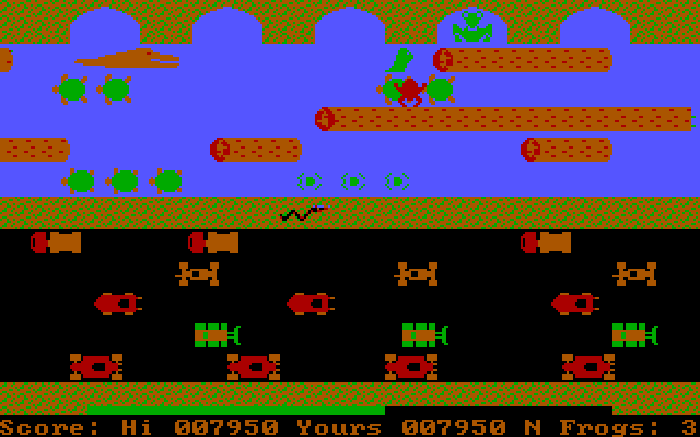 Frogger IBM PC/Compatibles Screenshot: More traffic on the road can be a problem too.