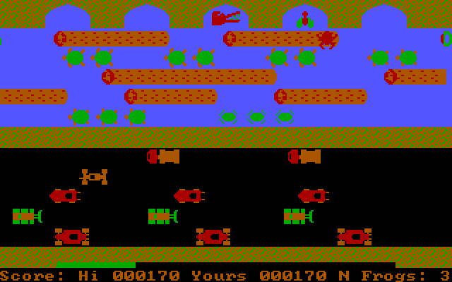 Frogger IBM PC/Compatibles Screenshot: Almost reached the other side.