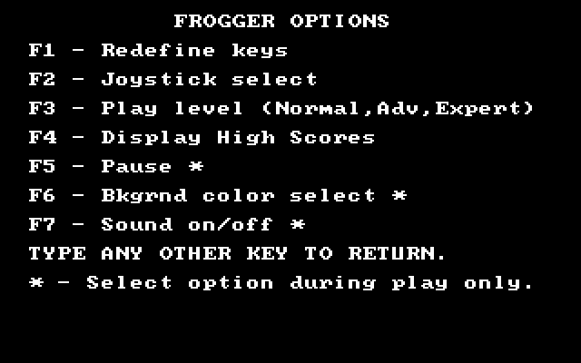 Frogger IBM PC/Compatibles Screenshot: Frogger options.