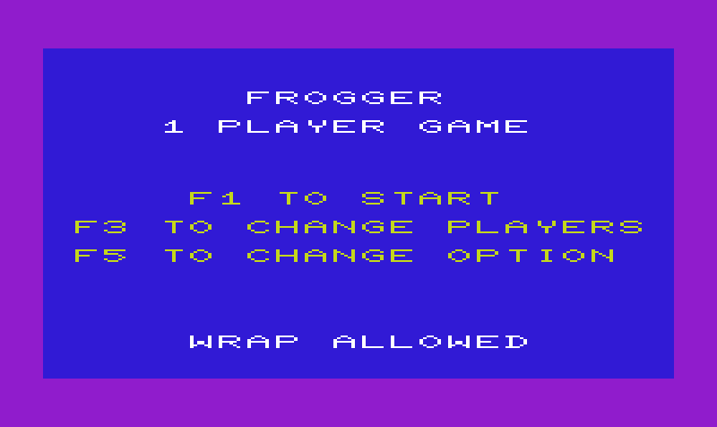Frogger Commodore VIC-20 Screenshot: The main menu.