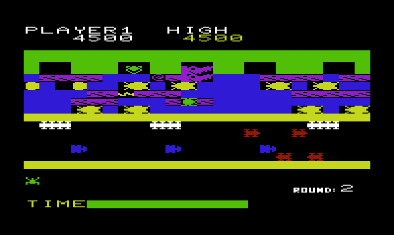 Frogger Commodore VIC-20 Screenshot: Watch out for snakes and crocodiles on more difficult levels.