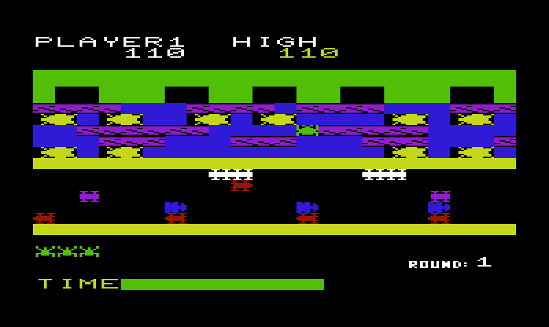 Frogger Commodore VIC-20 Screenshot: Frogger jumping across the river.