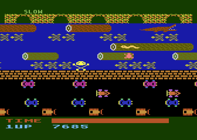 Frogger Atari 8-bit Screenshot: Don't fall into the water...