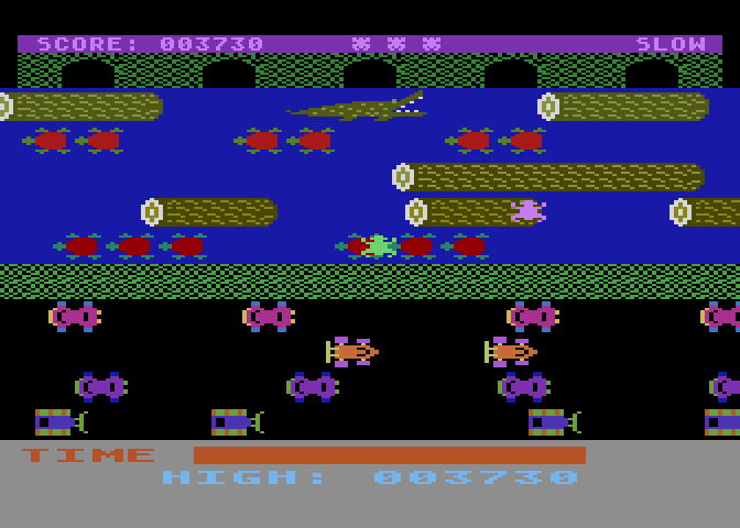 Frogger Atari 8-bit Screenshot: Be careful of crocodiles in later levels.