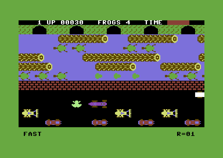 Frogger Commodore 64 Screenshot: Frogger crossing the road...