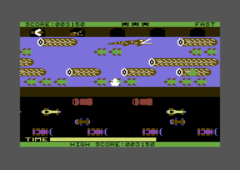 Frogger Commodore 64 Screenshot: Avoid crocodiles on this level...