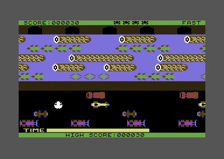 Frogger Commodore 64 Screenshot: Game start; Frogger crosses the road...