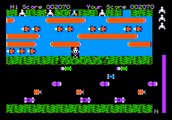 Frogger Apple II Screenshot: Don't fall into the water...