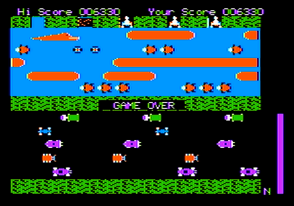 Frogger Apple II Screenshot: Game over.