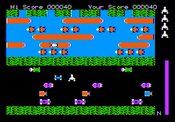 Frogger Apple II Screenshot: Frogger crosses the road...