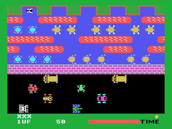 Frogger TI-99/4A Screenshot: Frogger crossing the road...