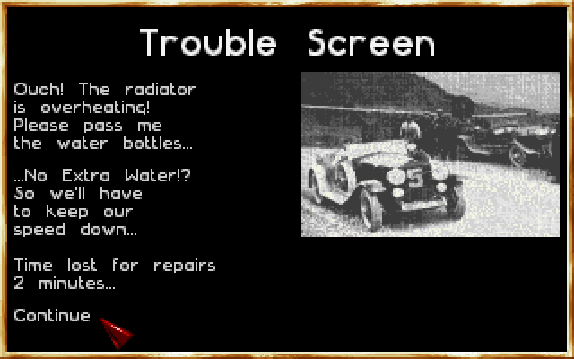 1000 Miglia IBM PC/Compatibles Screenshot: Might have been a good idea to keep some extra water on the trip.