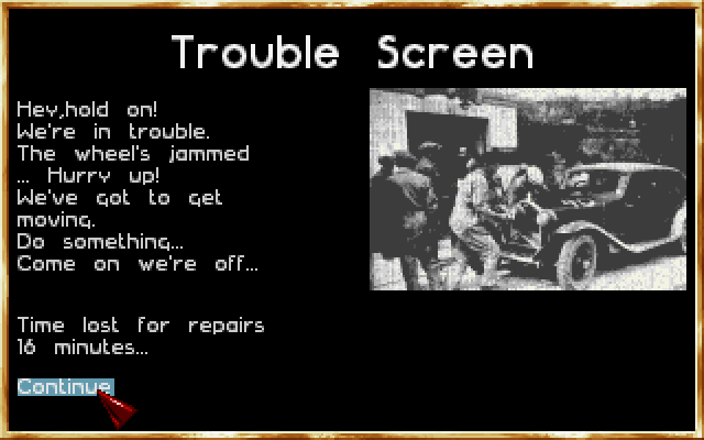 1000 Miglia IBM PC/Compatibles Screenshot: Uh oh, we've got trouble and some time is lost!