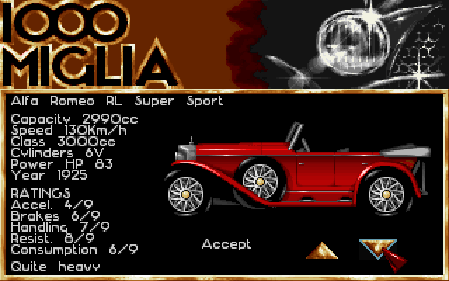 1000 Miglia IBM PC/Compatibles Screenshot: Car selection.