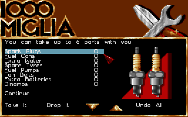 1000 Miglia IBM PC/Compatibles Screenshot: What spare parts do you want to take with you?