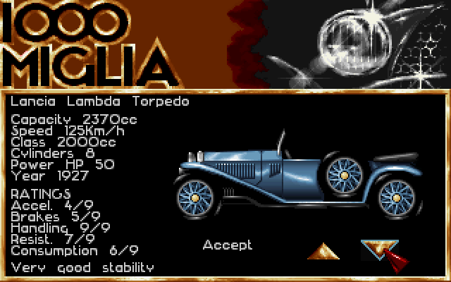 1000 Miglia IBM PC/Compatibles Screenshot: Another one of the available cars.