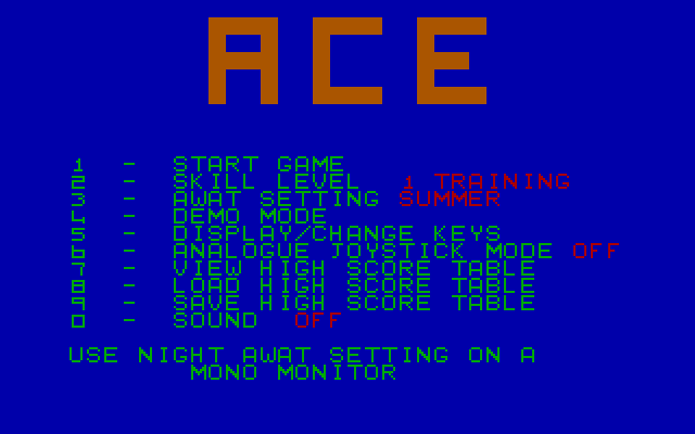 ACE: Air Combat Emulator IBM PC/Compatibles Screenshot: The main menu.