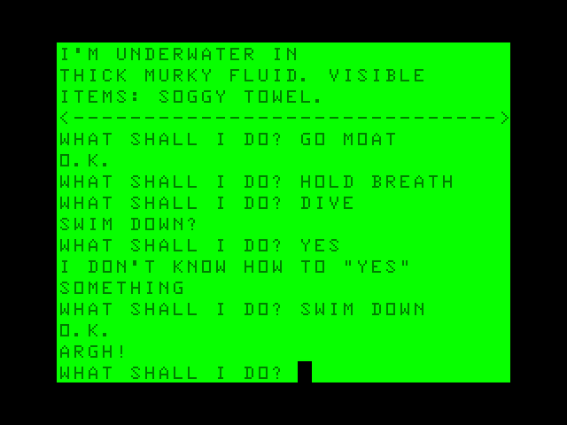 Sorcerer of Claymorgue Castle TRS-80 Color Computer Screenshot: Swimming in the moat.