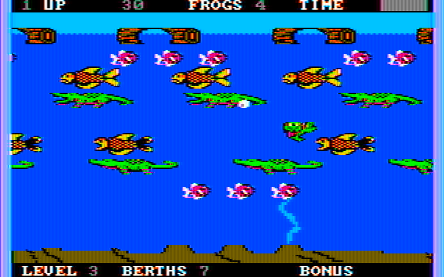 Frogger II: ThreeeDeep! IBM PC/Compatibles Screenshot: You are temporarily safe while riding the turtle, but you can't choose where it goes.