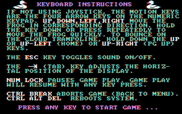 Frogger II: ThreeeDeep! IBM PC/Compatibles Screenshot: A few extra instructions if you're using the keyboard to play.