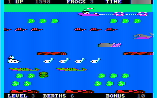 Frogger II: ThreeeDeep! IBM PC/Compatibles Screenshot: There are more life rafts to reach on the advanced levels.