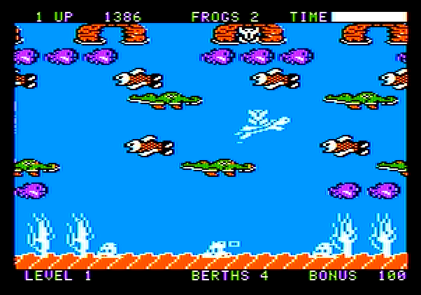 Frogger II: ThreeeDeep! Apple II Screenshot: You are temporarily safe while riding the turtle.