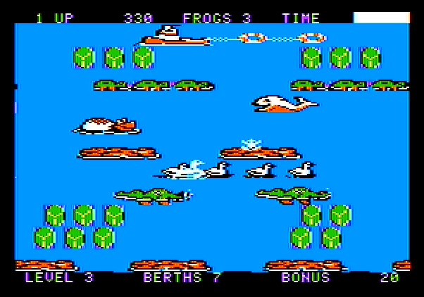 Frogger II: ThreeeDeep! Apple II Screenshot: There are two life rafts on the advanced level.