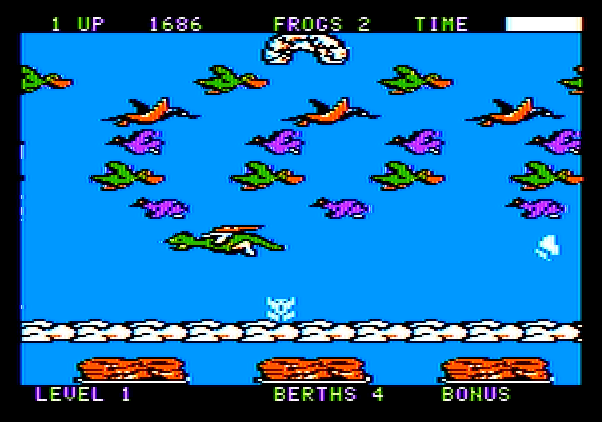 Frogger II: ThreeeDeep! Apple II Screenshot: Avoid the dragon in the sky!