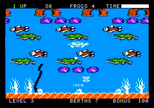 Frogger II: ThreeeDeep! Apple II Screenshot: Avoid the eel on advanced levels.