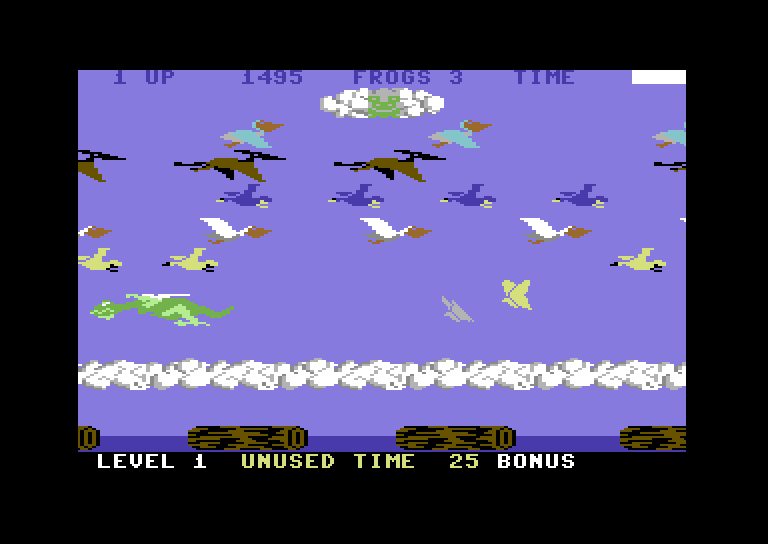 Frogger II: ThreeeDeep! Commodore 64 Screenshot: Safely made it to the cloud at the top of the screen.