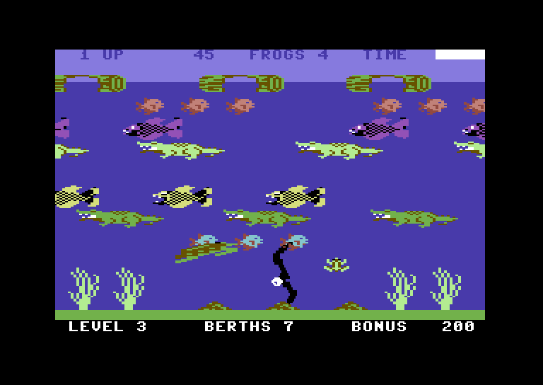 Frogger II: ThreeeDeep! Commodore 64 Screenshot: Watch out for the eel on more advanced levels.