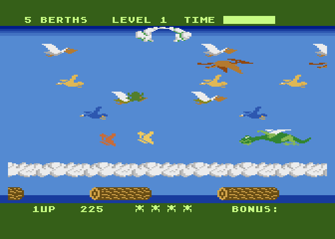 Frogger II: ThreeeDeep! Atari 8-bit Screenshot: Jumping on birds, trying to reach the cloud...