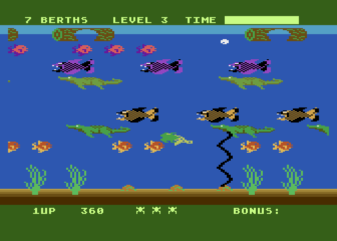 Frogger II: ThreeeDeep! Atari 8-bit Screenshot: You are temporarily safe while riding the turtle.