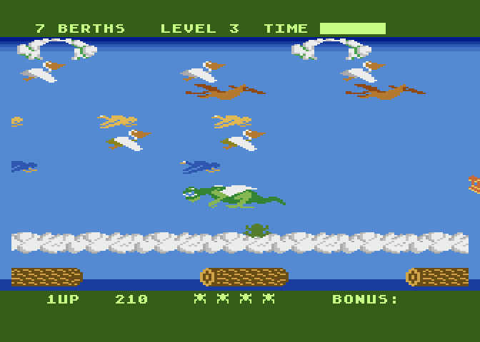Frogger II: ThreeeDeep! Atari 8-bit Screenshot: Avoid the dragon in the sky.