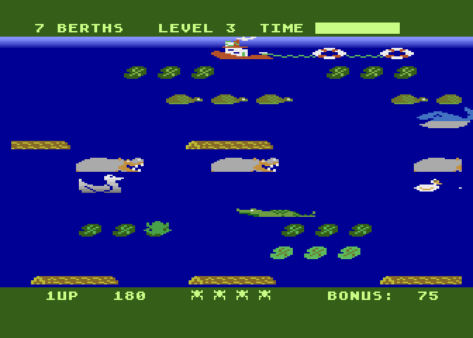Frogger II: ThreeeDeep! Atari 8-bit Screenshot: Made it to the surface.