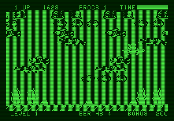 Frogger II: ThreeeDeep! Apple II Screenshot: While riding the turtle you are temporarily safe...