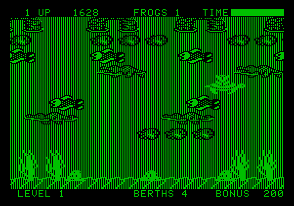 Frogger II: ThreeeDeep! Apple II Screenshot: While riding the turtle you are temporarily safe...