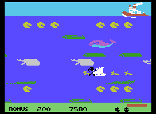 Frogger II: ThreeeDeep! ColecoVision Screenshot: Don't let the mother duck catch you on her ducklings!