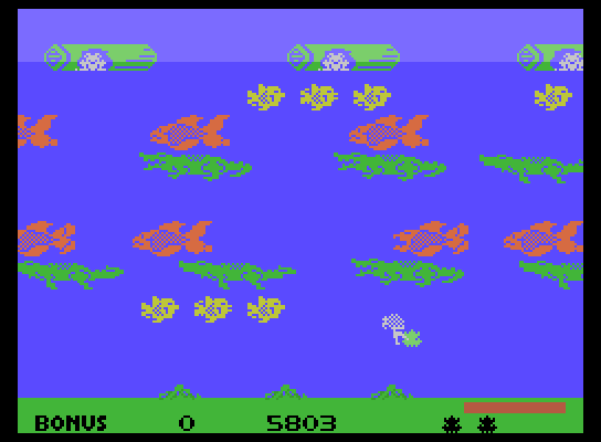 Frogger II: ThreeeDeep! ColecoVision Screenshot: You are temporarily safe while riding the turtle.