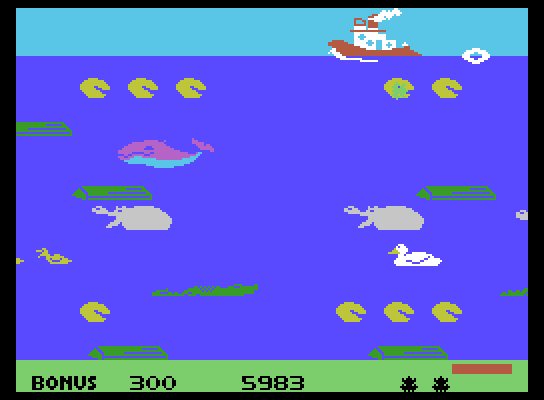 Frogger II: ThreeeDeep! ColecoVision Screenshot: Almost reached the life raft being pulled by the boat...