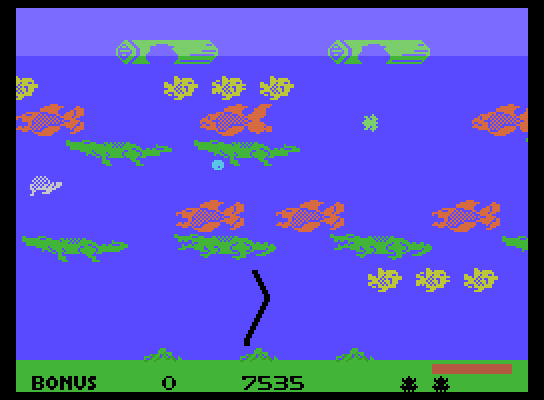 Frogger II: ThreeeDeep! ColecoVision Screenshot: On more difficult levels you need to avoid the eel at the bottom of the screen.