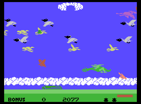 Frogger II: ThreeeDeep! ColecoVision Screenshot: Jump on the birds to reach the cloud, but avoid the dragon!