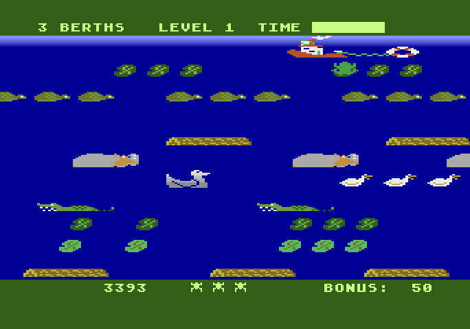 Frogger II: ThreeeDeep! Atari 5200 Screenshot: About to jump into the life raft...
