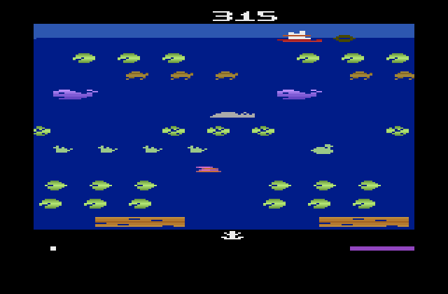 Frogger II: ThreeeDeep! Atari 2600 Screenshot: Can you reach the boat at the top of the screen?