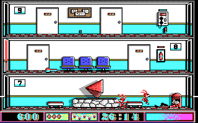 Avoid the Noid IBM PC/Compatibles Screenshot: The Noids are smashing the pizza.