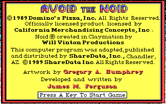 Avoid the Noid IBM PC/Compatibles Screenshot: Credits.