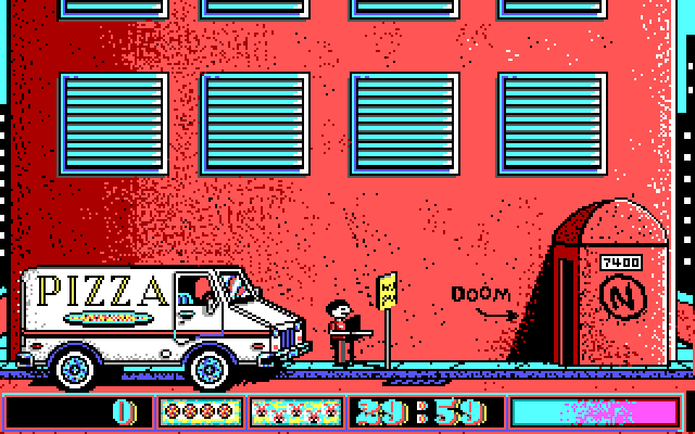 Avoid the Noid IBM PC/Compatibles Screenshot: Outside the building; ready to deliver pizza?