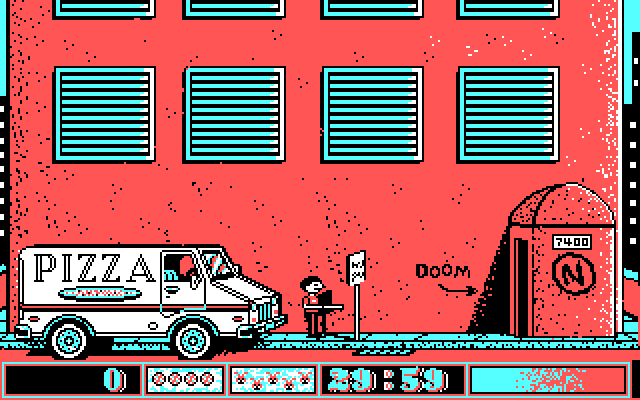 Avoid the Noid IBM PC/Compatibles Screenshot: Outside the building, ready to deliver some pizza.